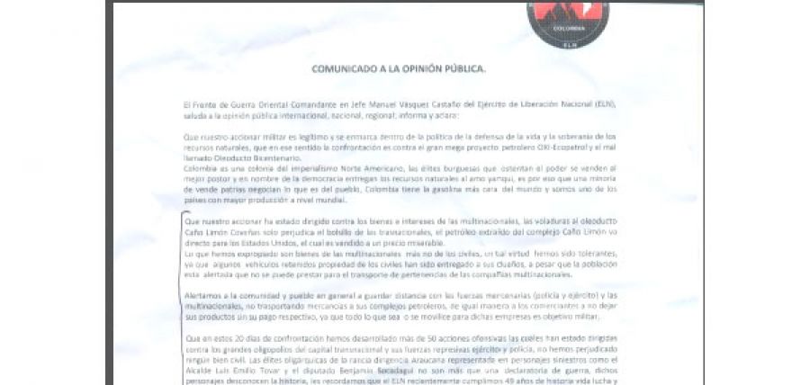 Panfleto del ELN  intimida a periodistas en Arauca