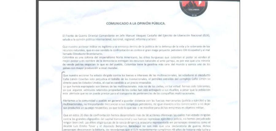 Panfleto del ELN  intimida a periodistas en Arauca