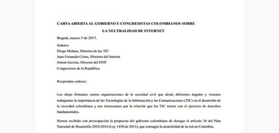 Carta abierta al Gobierno y a los Congresistas colombianos sobre la Neutralidad de Internet