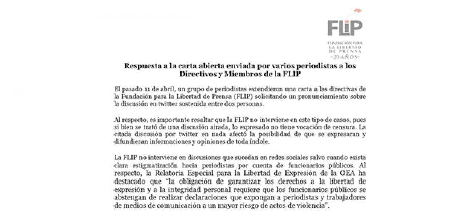 Respuesta a la carta abierta enviada por varios periodistas a los Directivos y Miembros de la FLIP