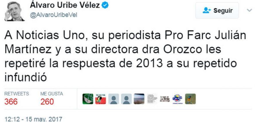 Álvaro Uribe Vélez estigmatiza a periodista de Noticias Uno